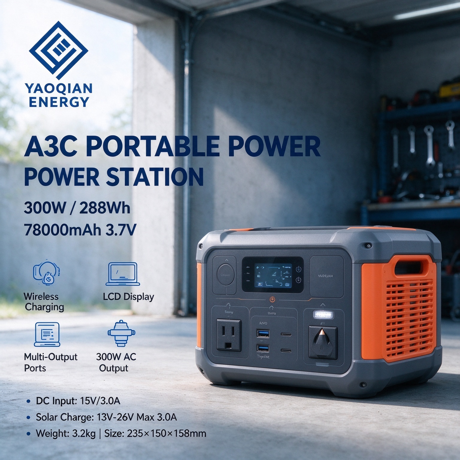 288Wh YQ-A3C Portable Power Station with Solar Charging Support and LED Lighting