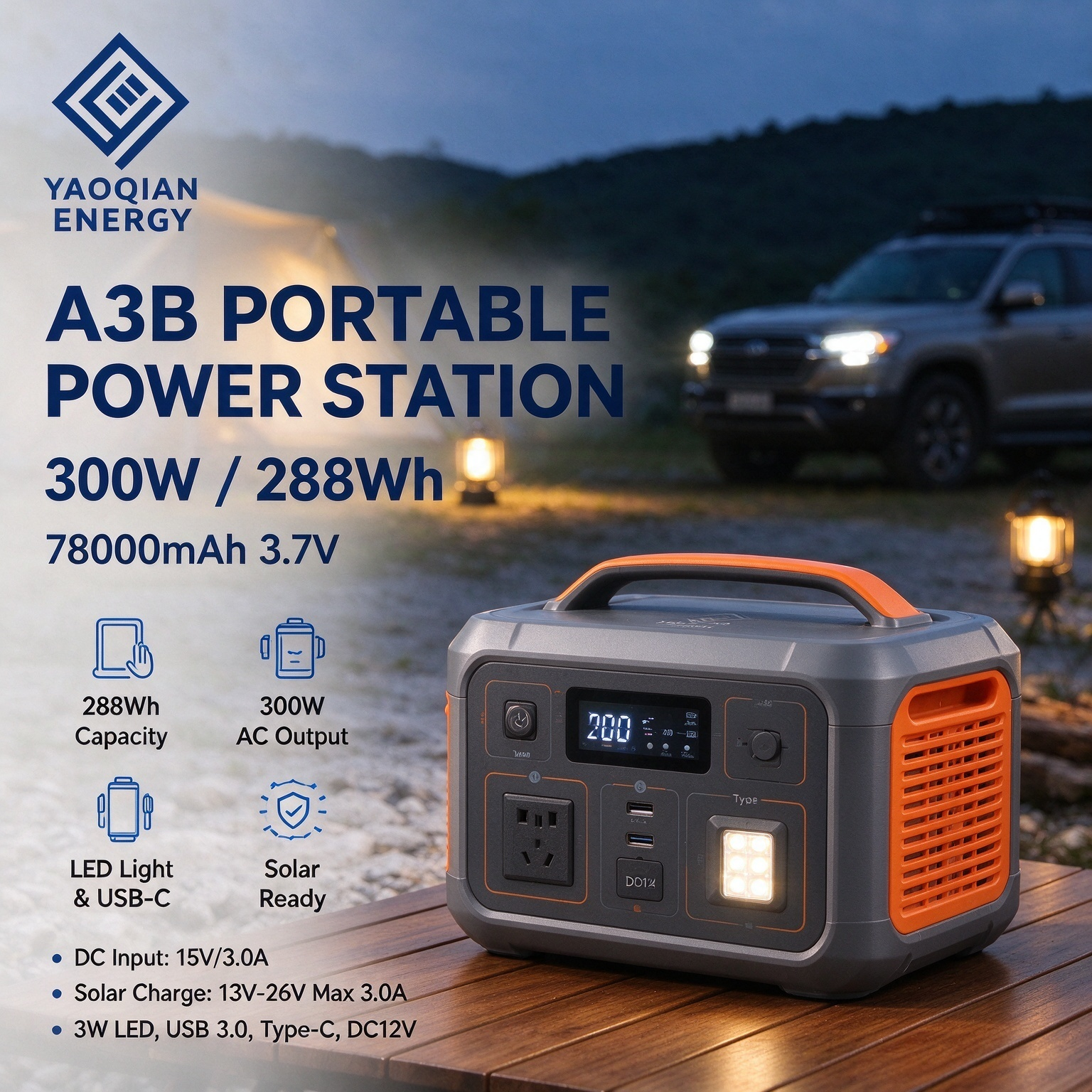 288Wh YQ-A3B Portable Power Station with Solar Charging Support and LED Lighting